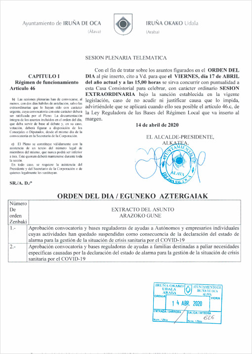 Orden del día del pleno extraordinario del 17 de abril de 2020 del Ayuntamiento de Iruña de Oca