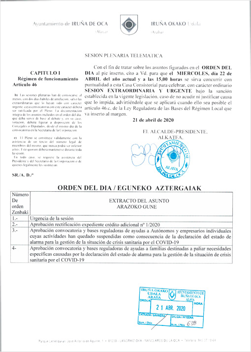 Orden del día del pleno extraordinario del 22 de abril de 2020