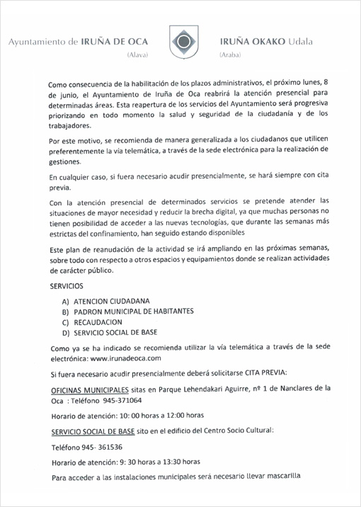 Reapertura de las oficinas municipalesde Iruña de Oca tras el confinamiento