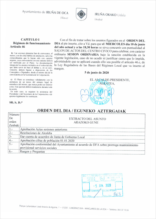 Orden del día del Pleno Ordinario del 10 de junio de 2020 del Ayuntamiento de Iruña de Oca